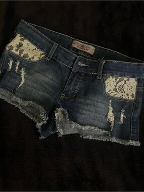 Lace-Inset Distressed Denim Micro Mini Shorts - Blue